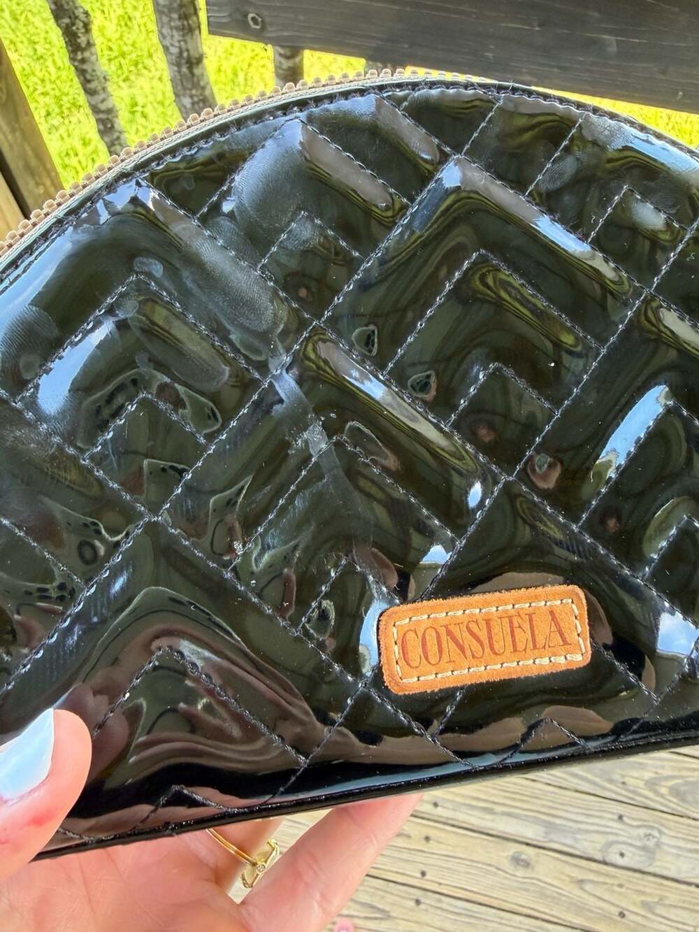 Consuela Black Quilted Patent Large Cosmetic Bag with Blue Glitter Interior - Picture 4 of 7